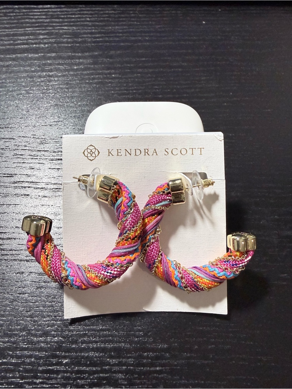 Kendra Scott Bright Pink Orange Blue Braided Hoop Earrings with Gold Accents